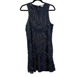 PARKER Blue Allegra Beaded Embellished Silk Sleeveless Mini Shift Dress Size M
